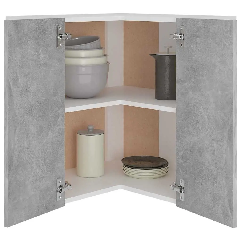 Grey Corner Cabinet Wall Mounted Storage Unit with Two Doors and Two Shelves for Kitchen Use