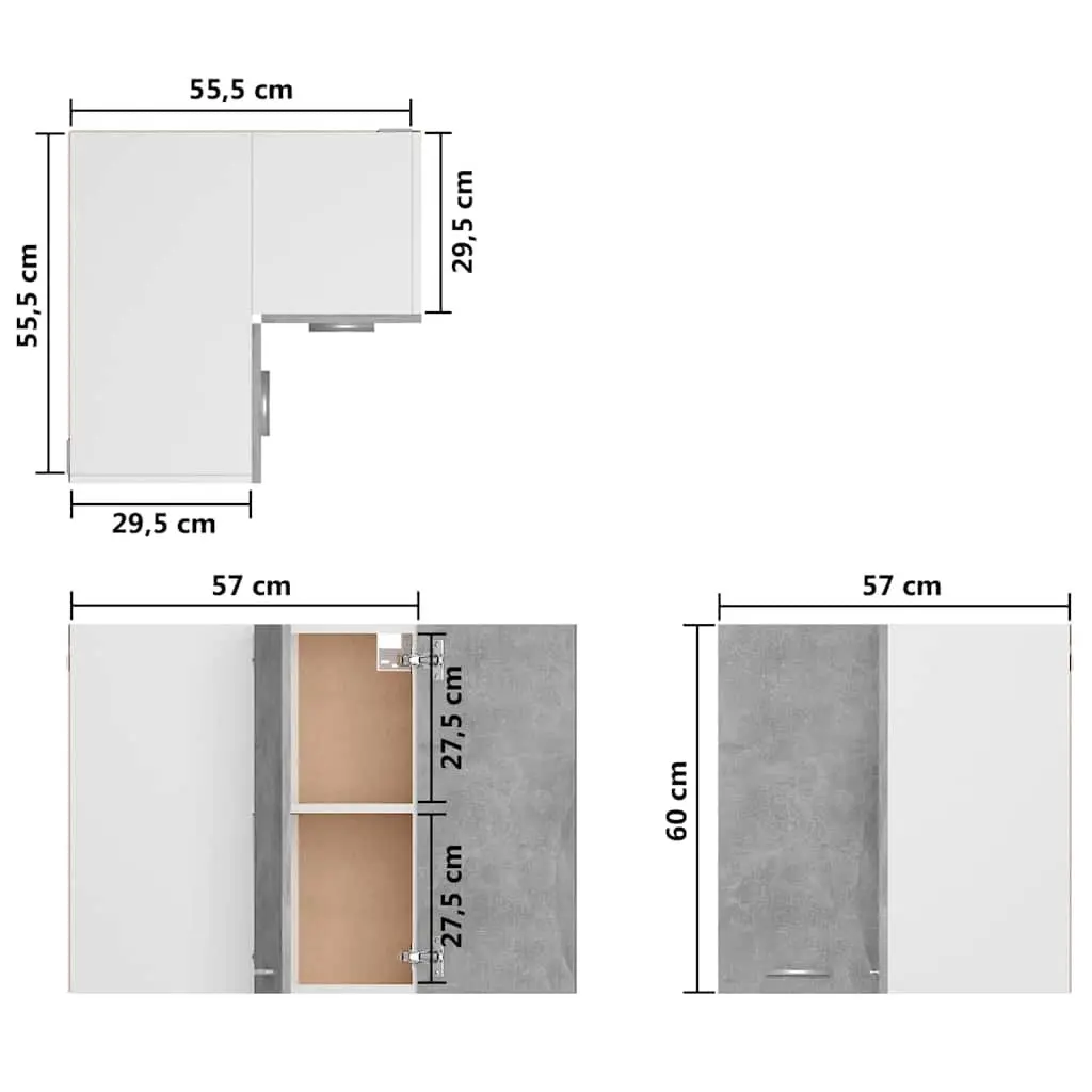 Grey Corner Cabinet Wall Mounted Storage Unit with Two Doors and Two Shelves for Kitchen Use