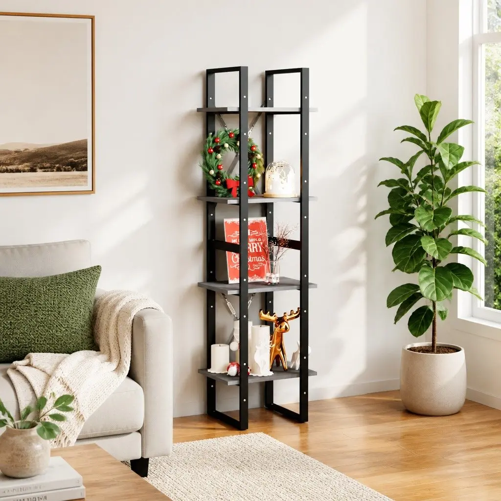 4-Tier Book Cabinet for Home Storage Grey Solid Pine Wood Bookshelf Display