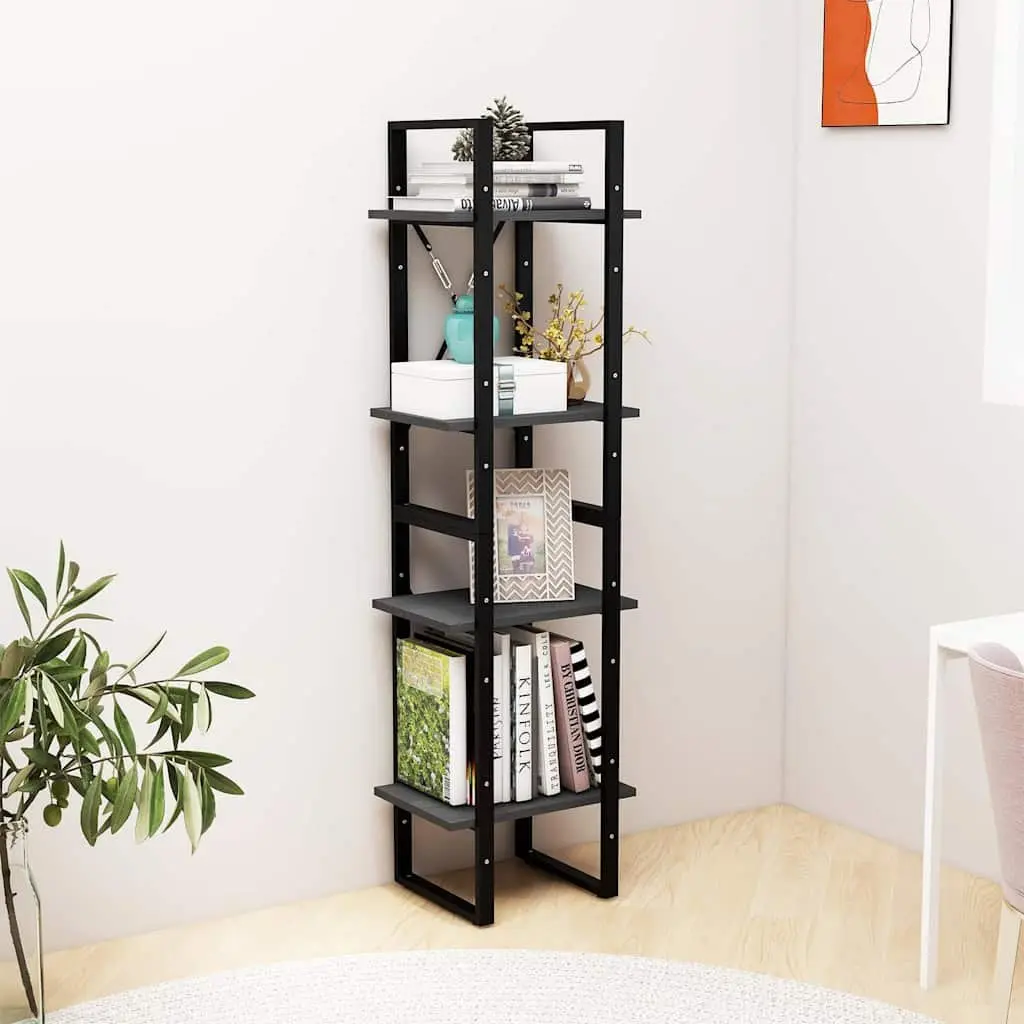4-Tier Book Cabinet for Home Storage Grey Solid Pine Wood Bookshelf Display