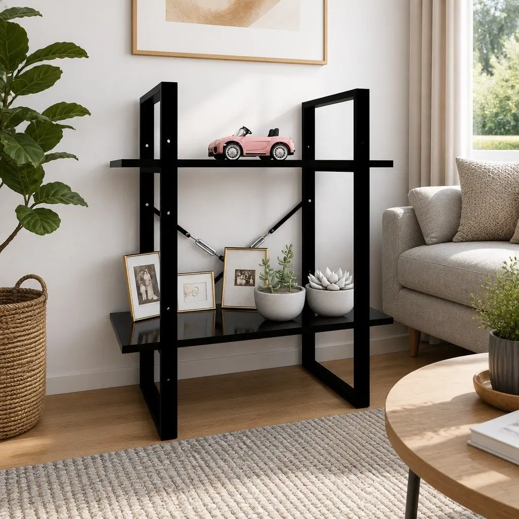 2 Tier Bookshelf for Home Office Black Engineered Wood Storage Display Unit