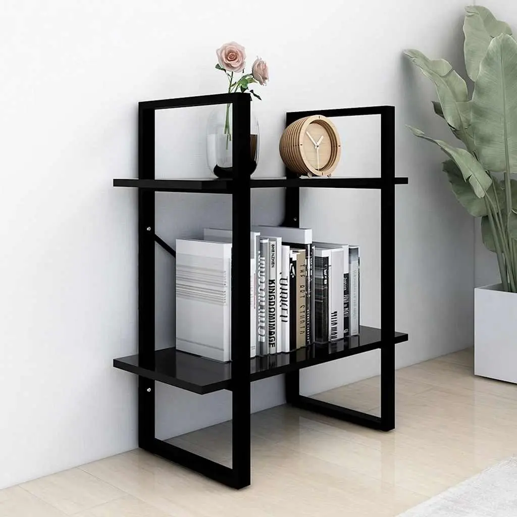 2 Tier Bookshelf for Home Office Black Engineered Wood Storage Display Unit