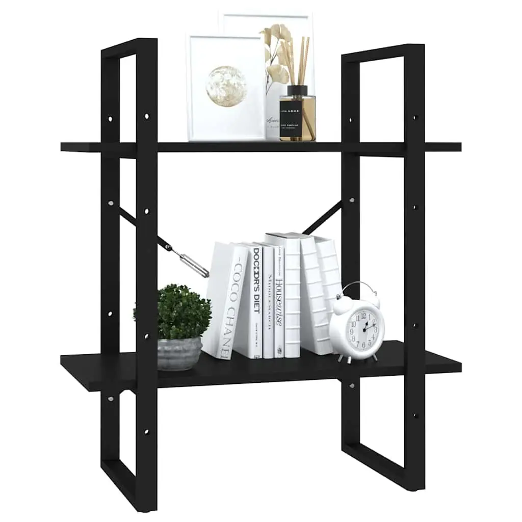 2 Tier Bookshelf for Home Office Black Engineered Wood Storage Display Unit