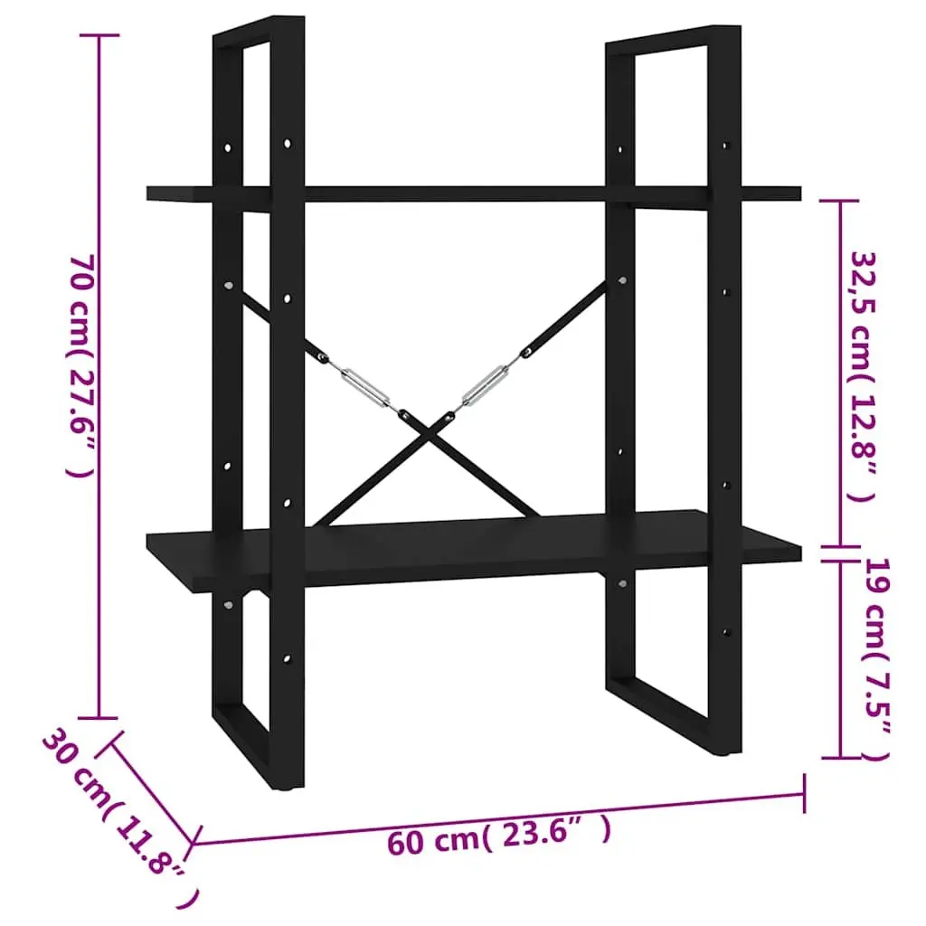 2 Tier Bookshelf for Home Office Black Engineered Wood Storage Display Unit
