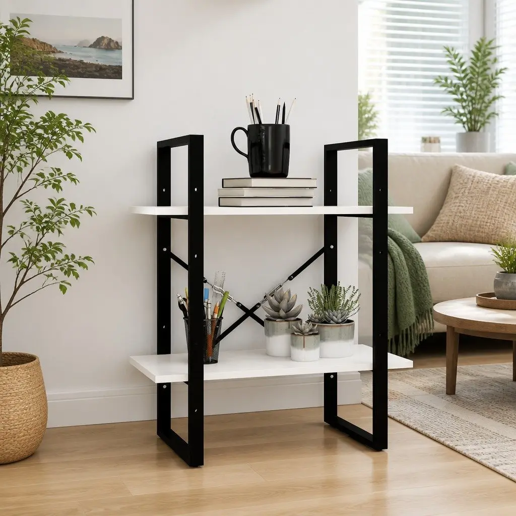 2-Tier Book Cabinet for Home 60W x 30D x 70H cm White Solid Pine Wood Shelving Unit