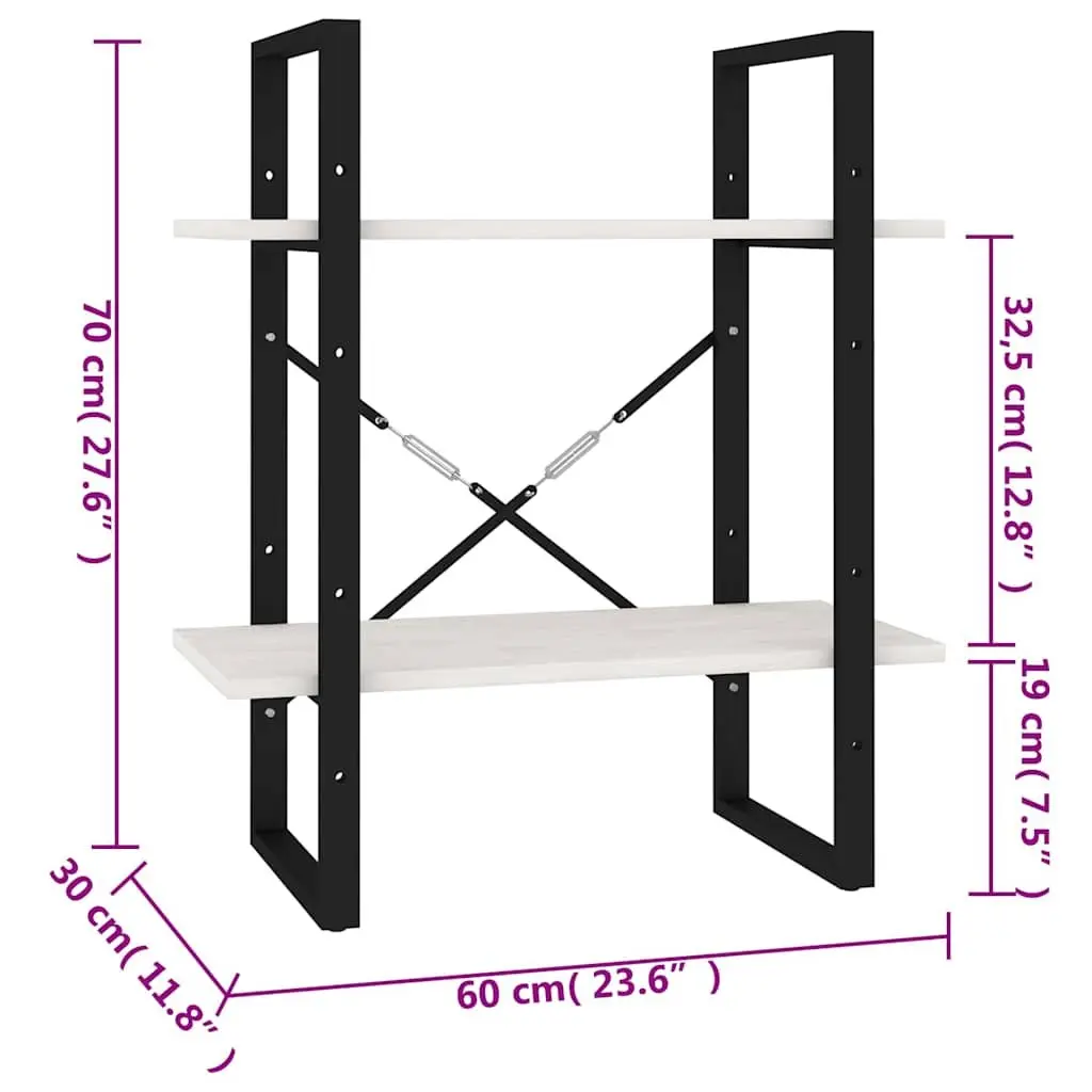 2-Tier Book Cabinet for Home 60W x 30D x 70H cm White Solid Pine Wood Shelving Unit