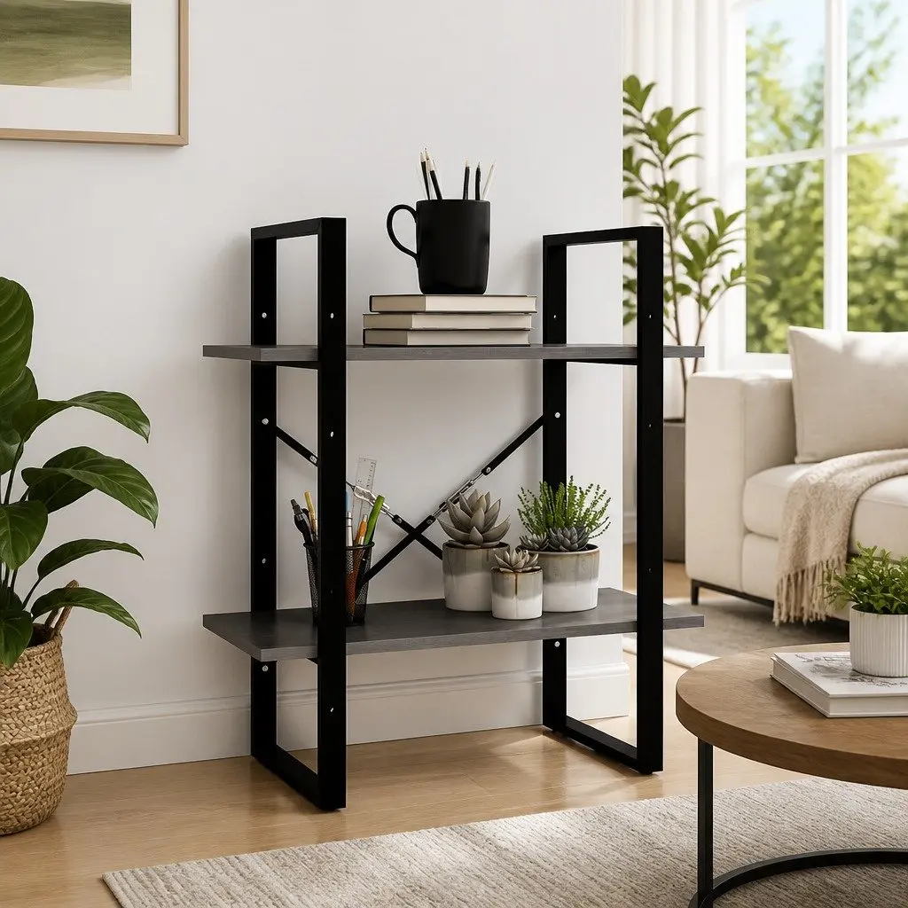 2-Tier Book Cabinet Solid Pine Wood Grey Standing Bookshelf Storage Shelves