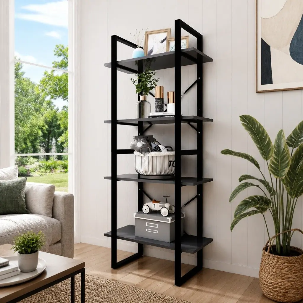 4-Tier Book Cabinet Grey Standing Bookcase Storage Shelving Unit 60x30x140cm