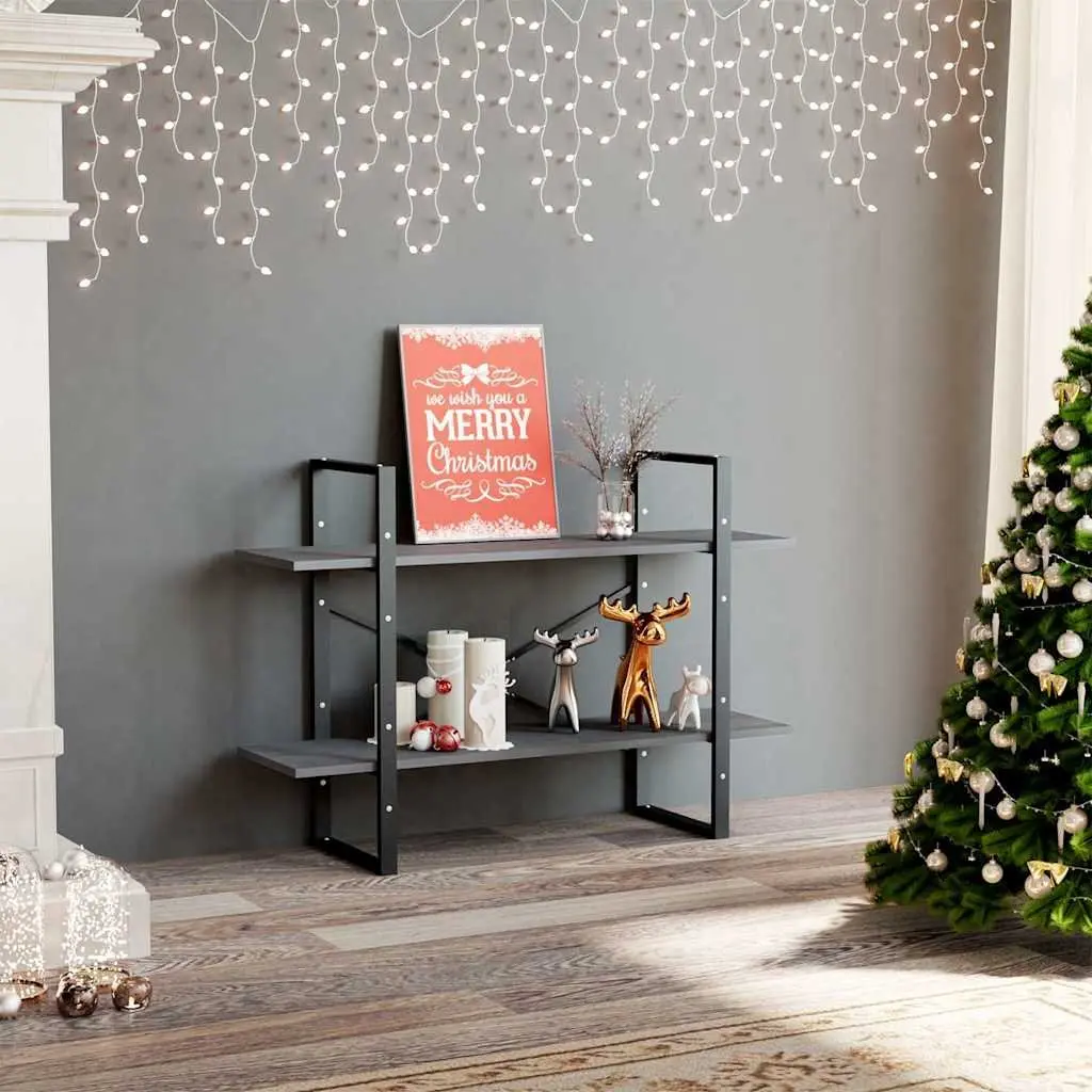2-Tier Book Cabinet for Home Office Grey Solid Pine Wood Bookshelf 100W x 30D x 70H cm