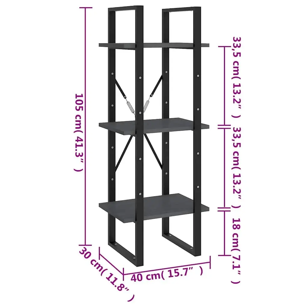 3-Tier Book Cabinet Grey Wooden Shelving Unit for Home Storage and Display 40 x 30 x 105 cm