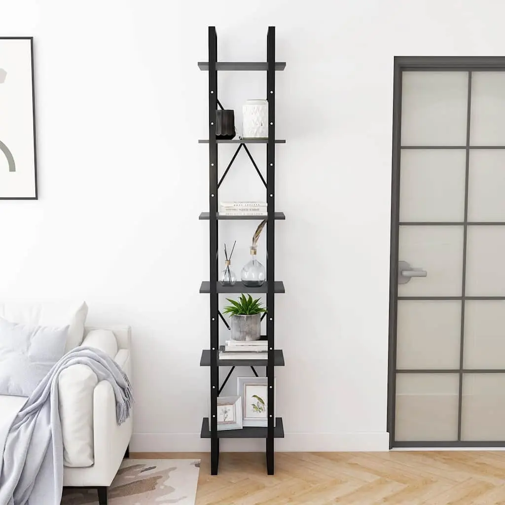 High Storage Cabinet Grey 40x30x210cm Solid Pine Wood 6 Shelf Bookcase Display