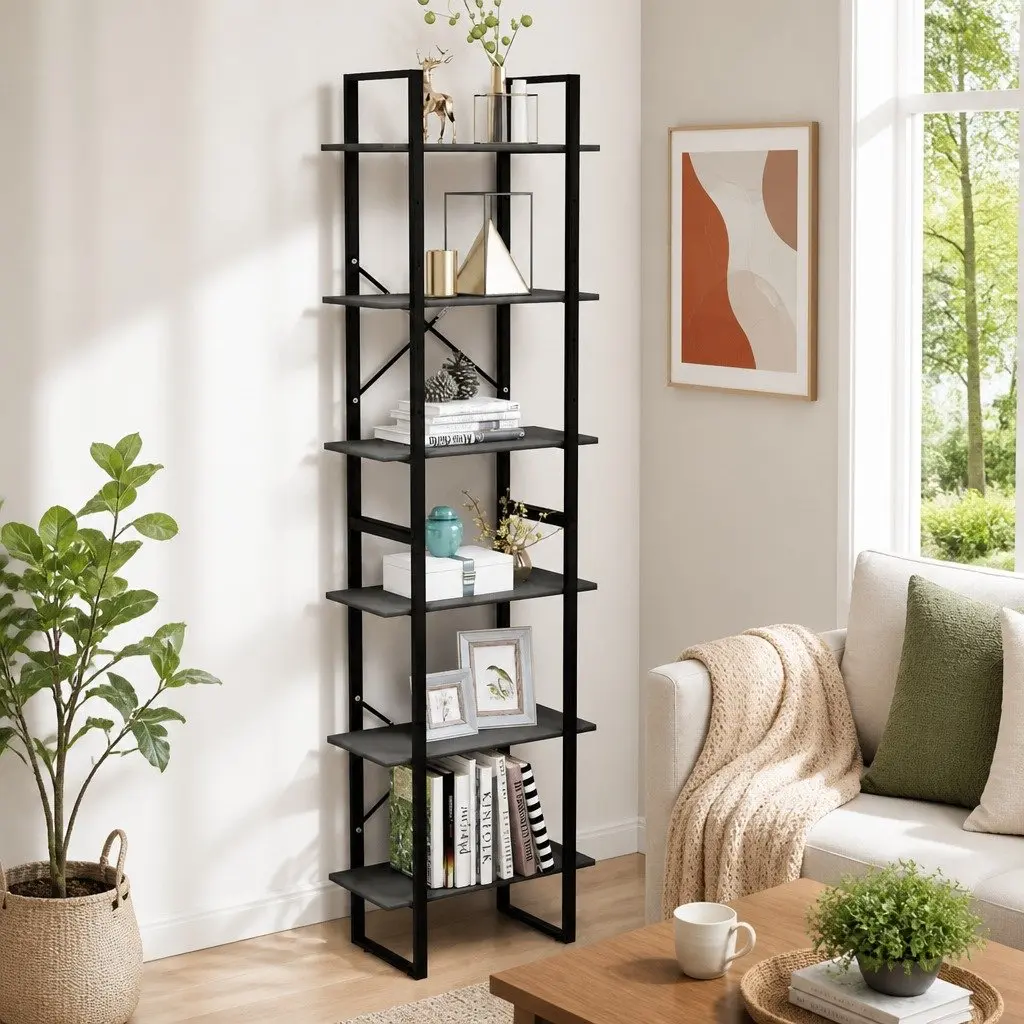 Storage Shelf Grey Standing Bookcase Shelving Unit for Home Kitchen Living Room 60 x 30 x 210 cm