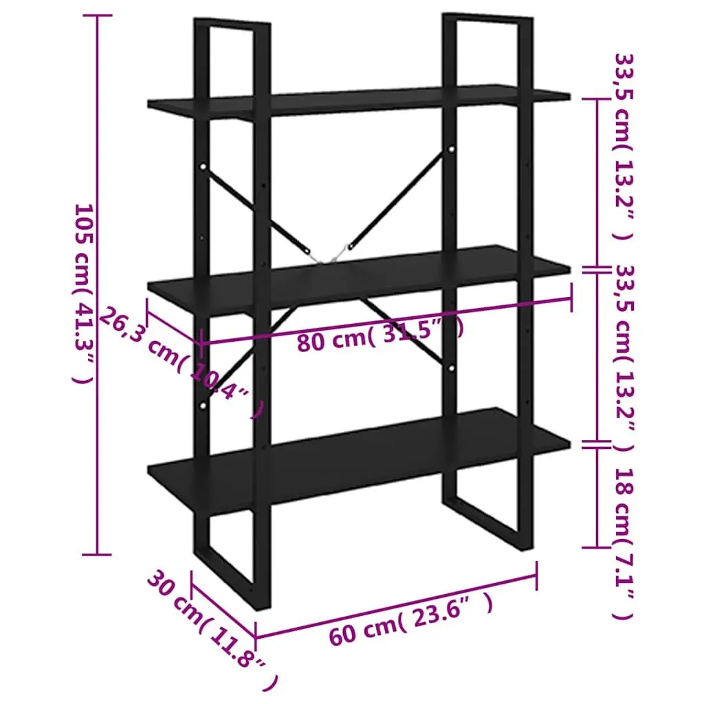 Black Bookcase 3 Shelf Storage Unit for Home Use with Metal Frame and Engineered Wood Finish