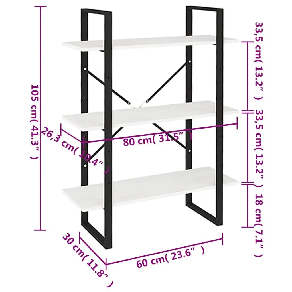 3-Tier Book Cabinet White Solid Pine Wood Shelving Unit Storage Display Bookcase