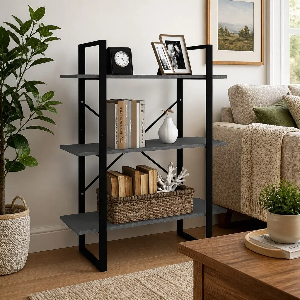 Wooden Book Cabinet for Home Storage 3-Tier Grey Shelving Unit