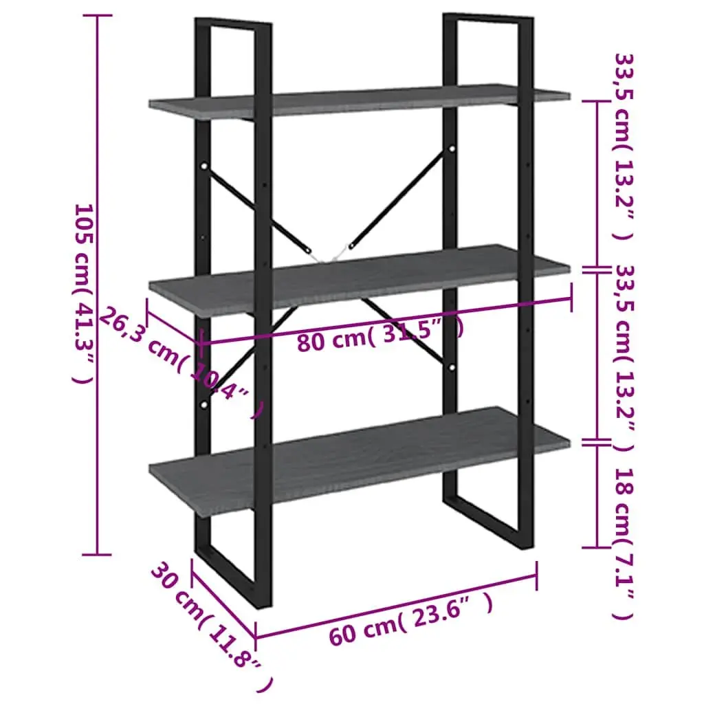Wooden Book Cabinet for Home Storage 3-Tier Grey Shelving Unit