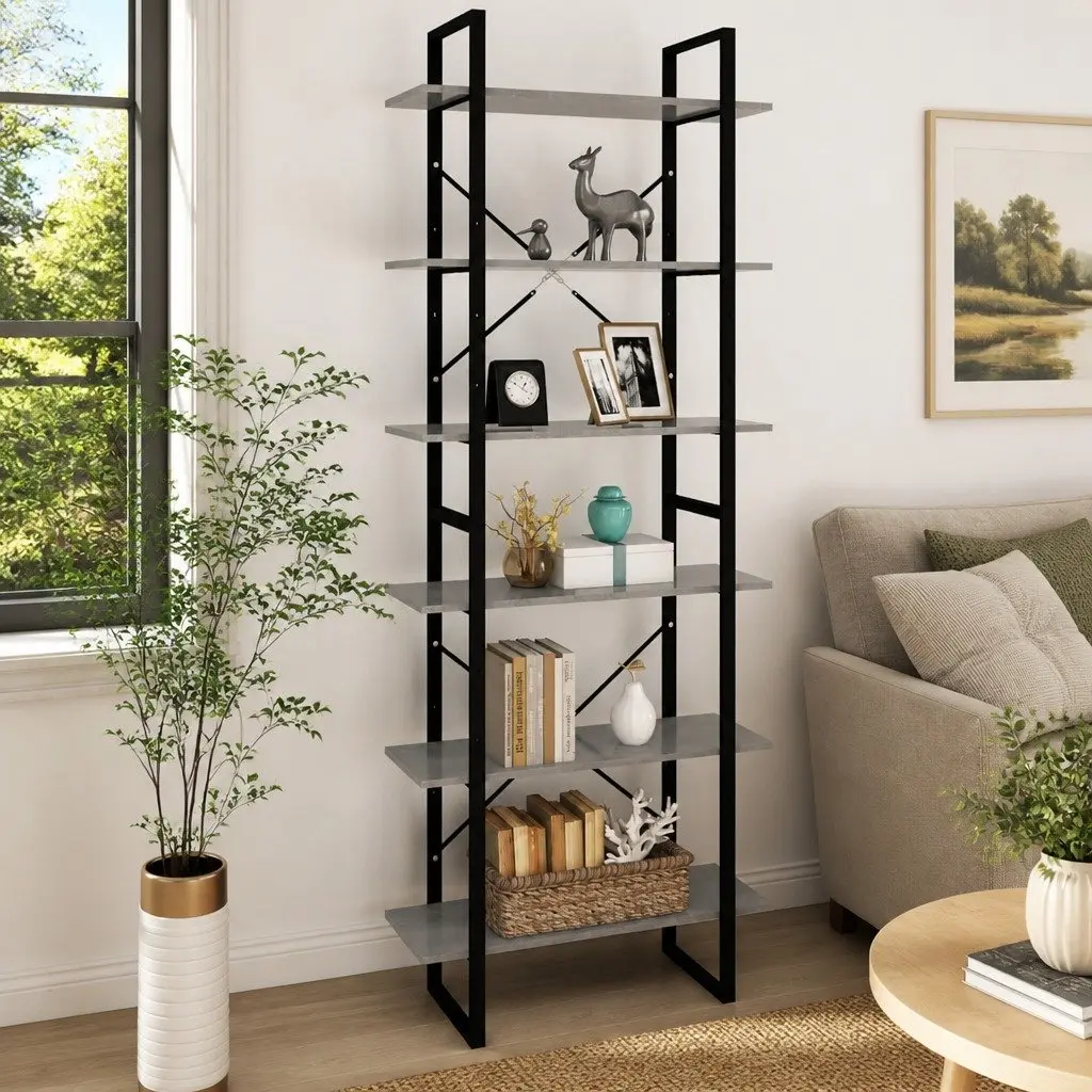 Grey Engineered Wood High Cabinet Storage Bookcase Shelving Unit with 6 Shelves for Home Use