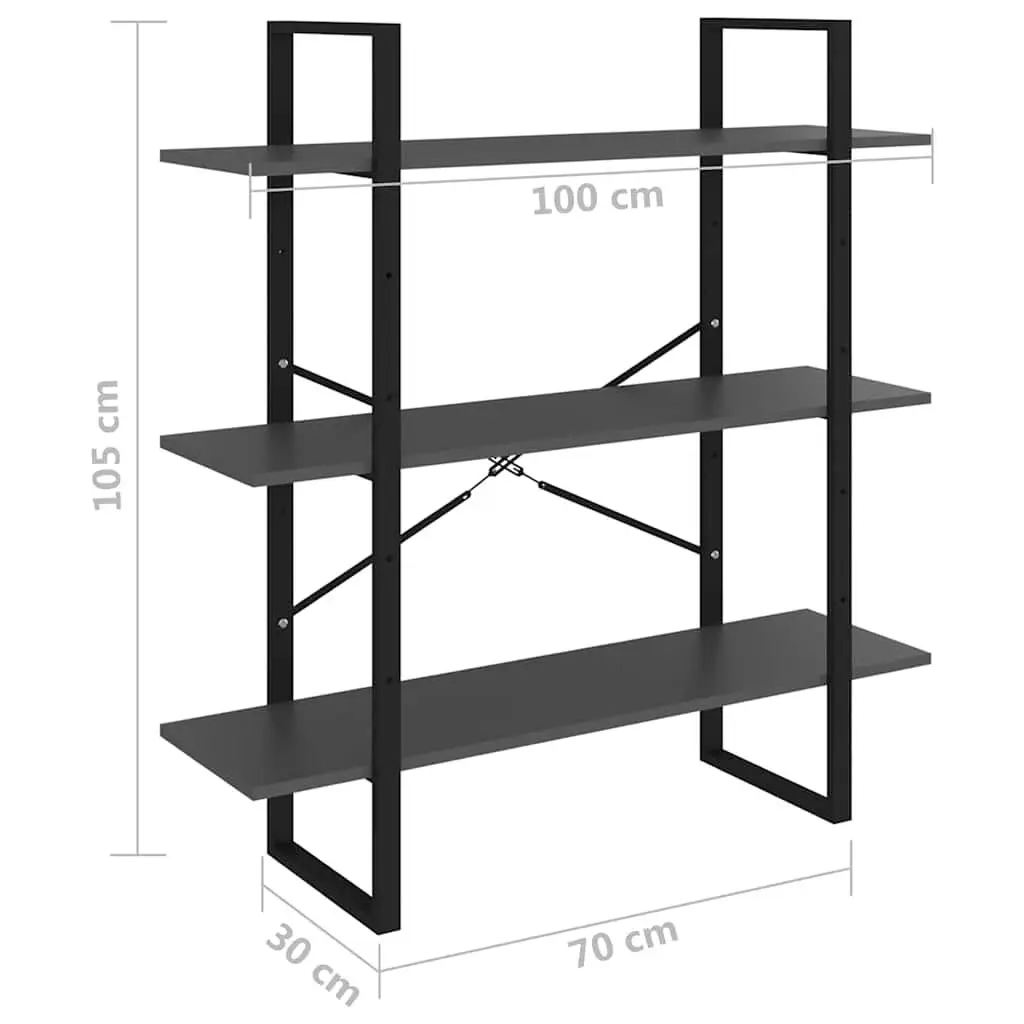 Book Cabinet for Living Room or Office Grey Metal Frame 3 Shelves