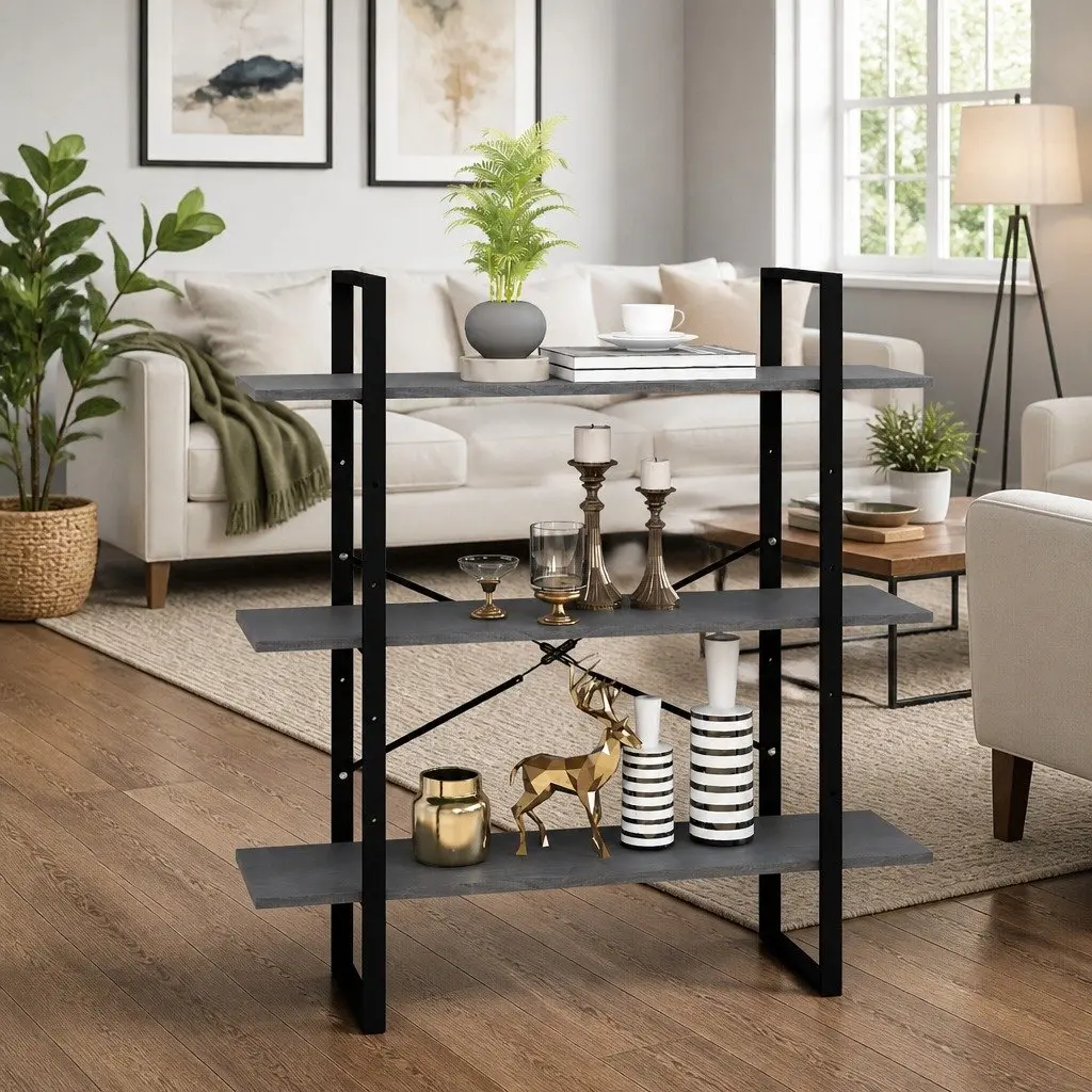 3-Tier Book Cabinet Grey Solid Pine Wood Shelving Unit for Home Decor Storage Display