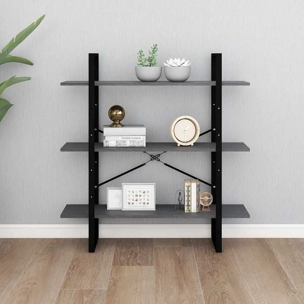 3-Tier Book Cabinet Grey Solid Pine Wood Shelving Unit for Home Decor Storage Display