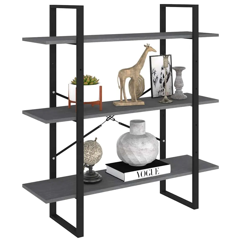 3-Tier Book Cabinet Grey Solid Pine Wood Shelving Unit for Home Decor Storage Display
