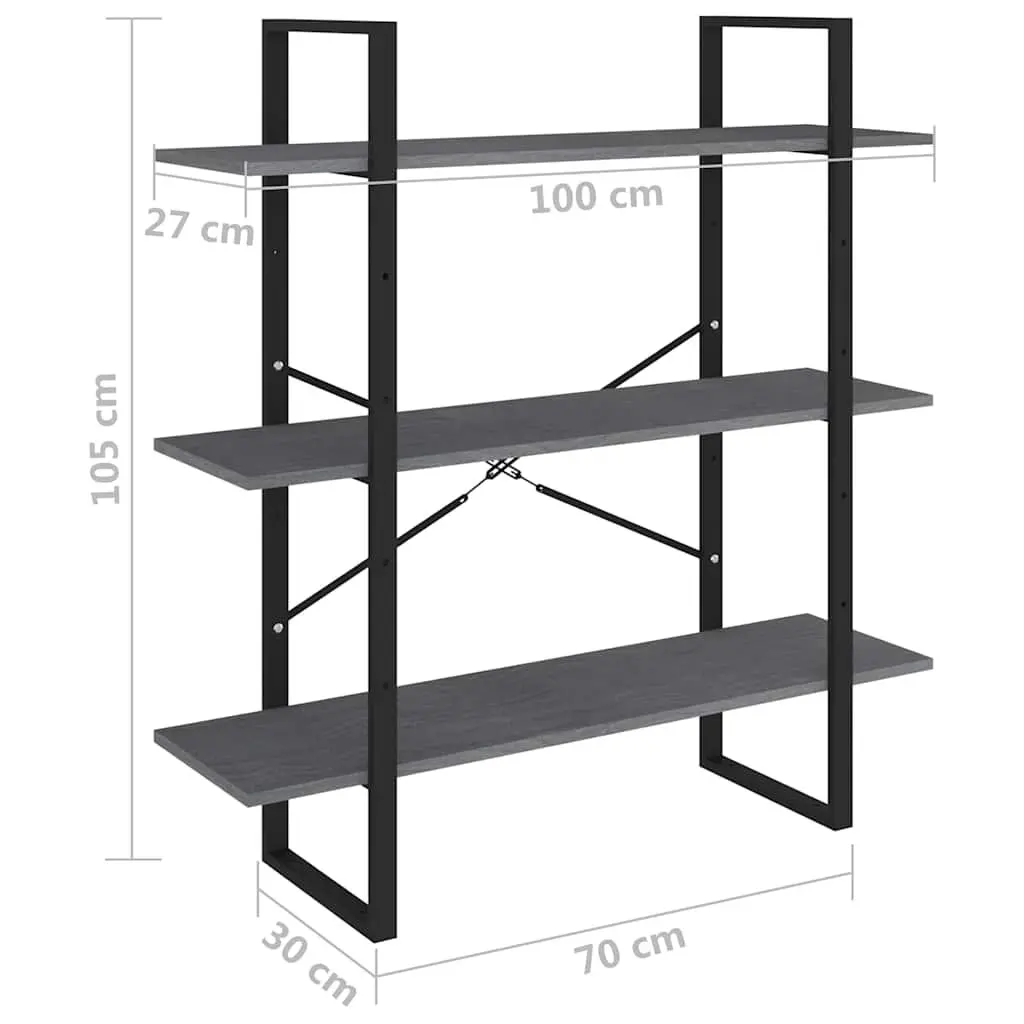 3-Tier Book Cabinet Grey Solid Pine Wood Shelving Unit for Home Decor Storage Display