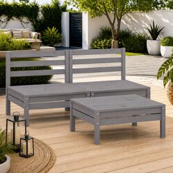 3 Piece Wooden Garden Lounge Set - Grey - Solid Pinewood