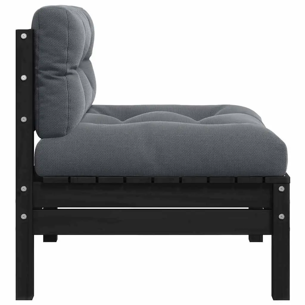 Middle Sofa Sectional for Garden Outdoor Black Solid Pinewood with Cushions