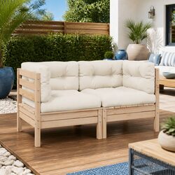 2-Seater Outdoor Garden Sofa Cream Cushions Modular Pinewood Patio Seating