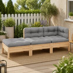 3 Piece Garden Lounge Set Grey Cushions Solid Pinewood Outdoor Sectional Sofa