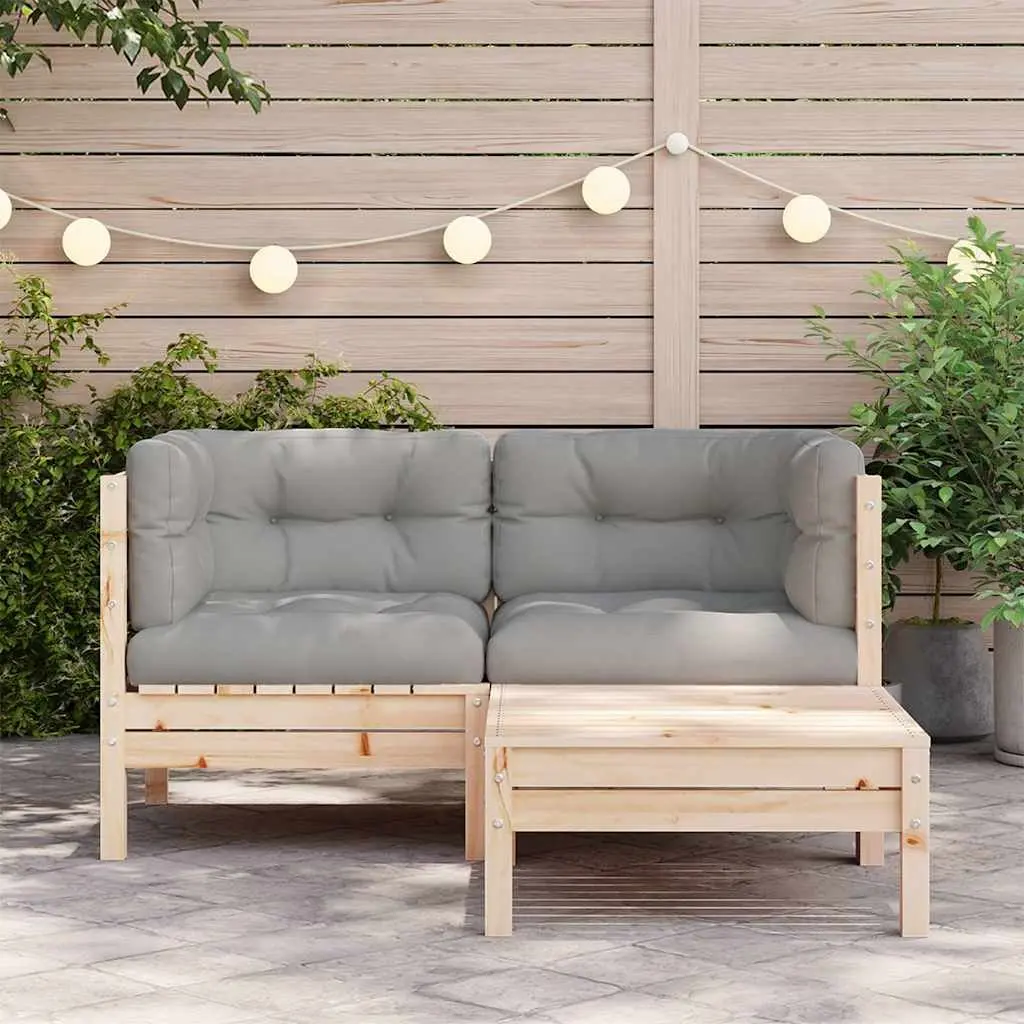 3 Piece Outdoor Garden Lounge Set Grey Cushions Solid Pinewood Sectional Sofa