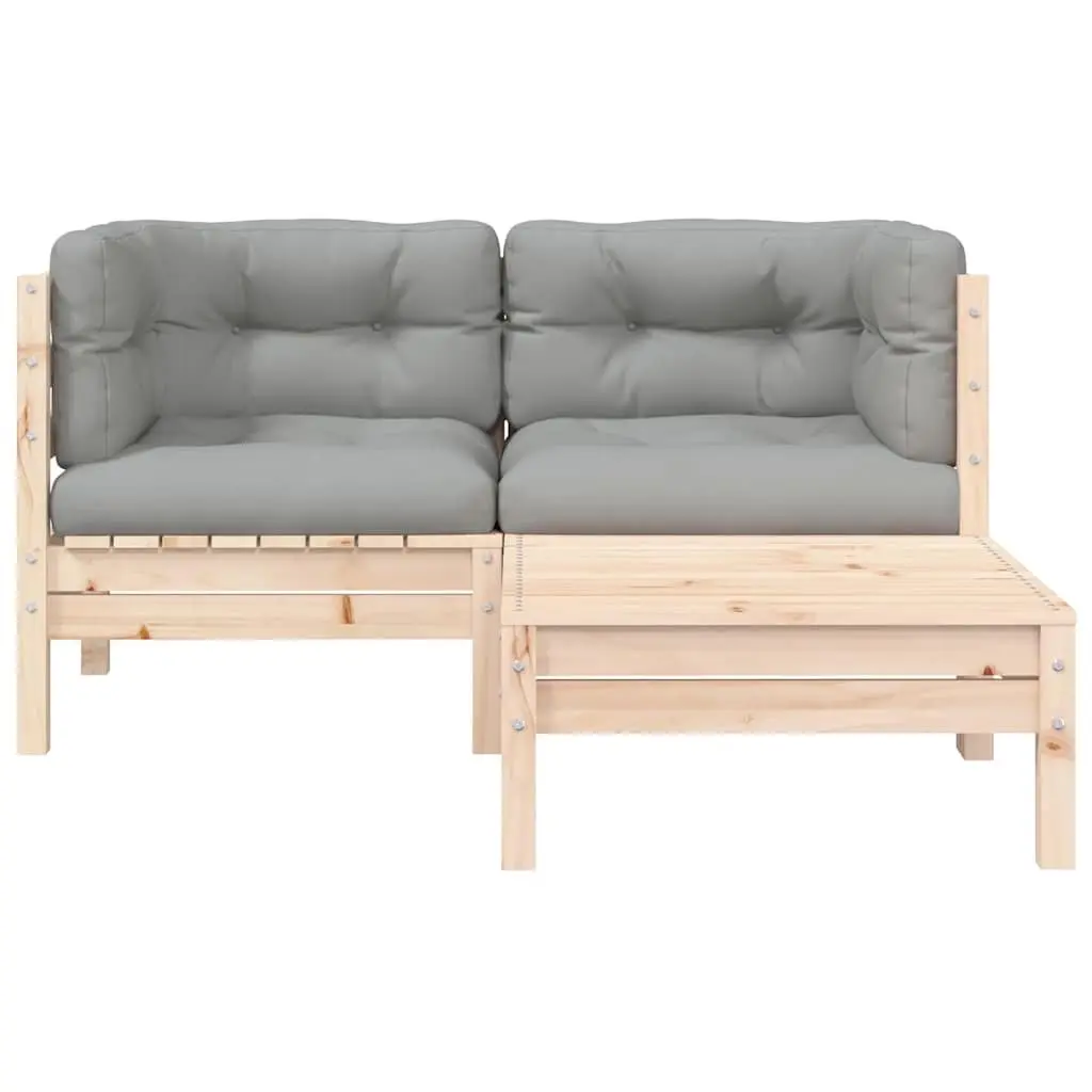 3 Piece Outdoor Garden Lounge Set Grey Cushions Solid Pinewood Sectional Sofa