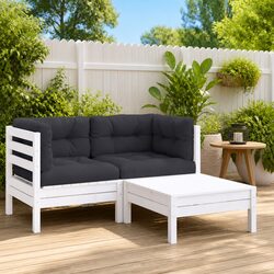 3 Piece Garden Lounge Set: Solid Pinewood & White Cushions