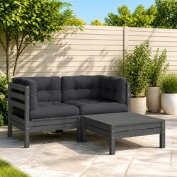 3 Piece Garden Lounge Set: Grey, Solid Pinewood, Cushions