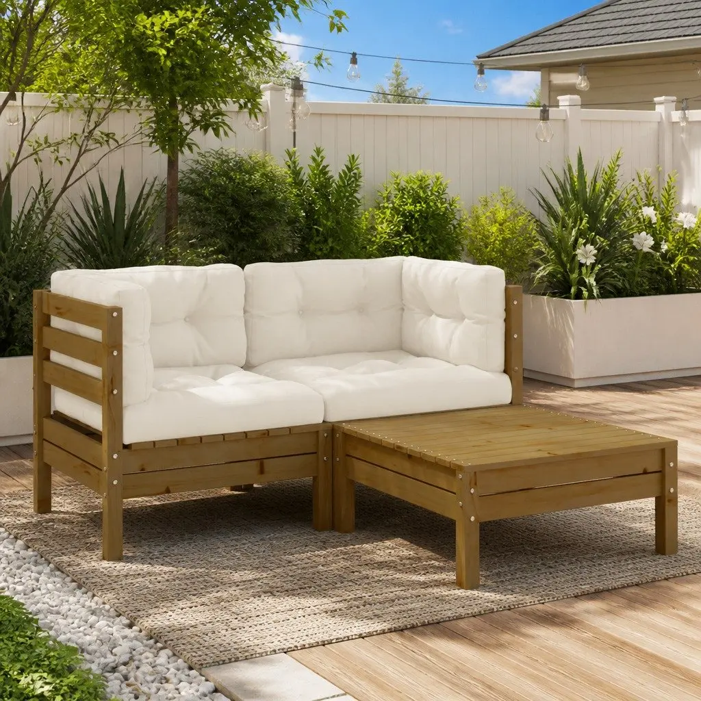 3 Piece Garden Lounge Set Outdoor Patio Sofa Set Cream Cushions Pinewood