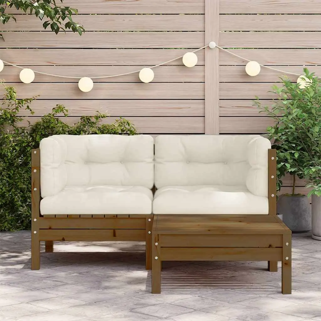 3 Piece Garden Lounge Set Outdoor Patio Sofa Set Cream Cushions Pinewood