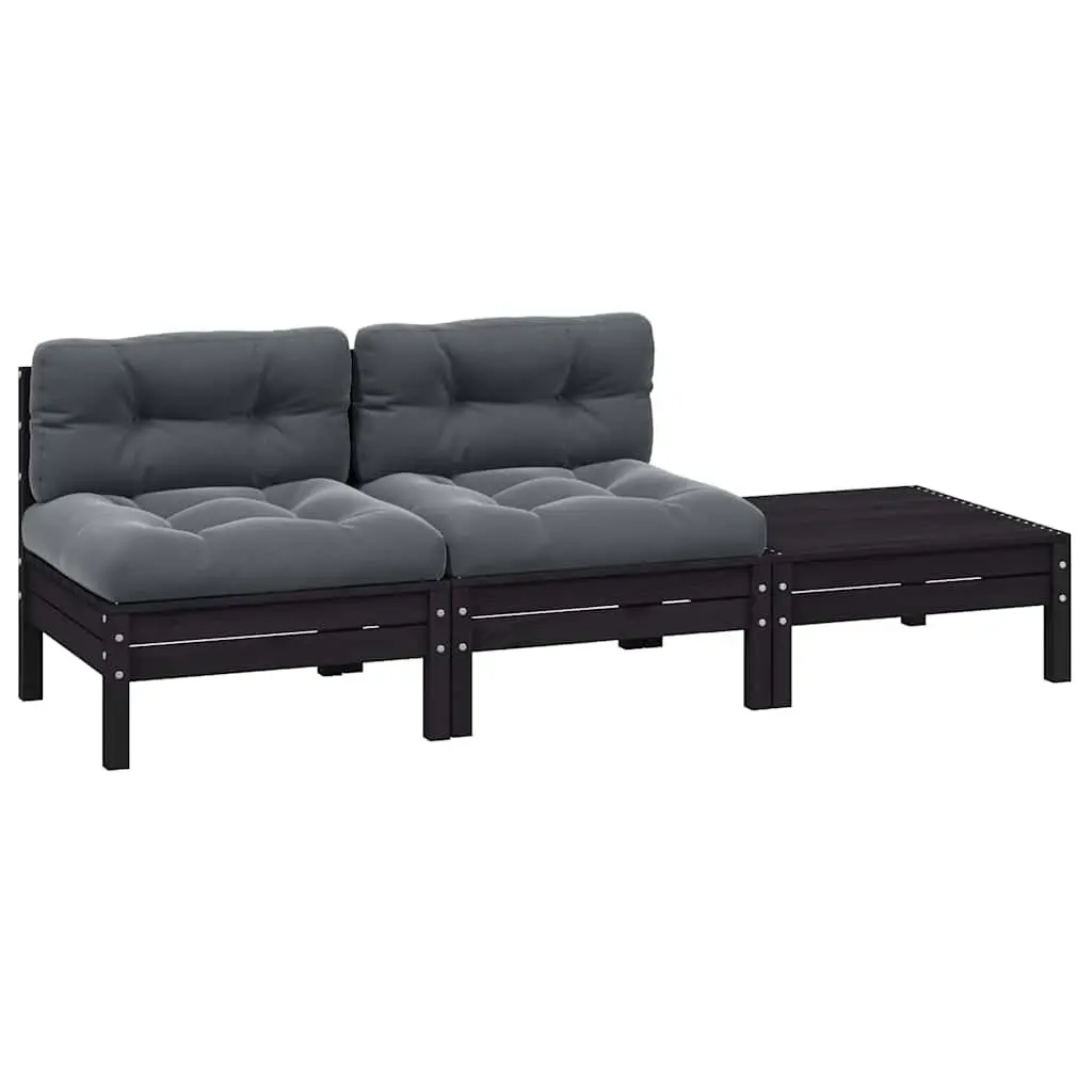 3 Piece Outdoor Garden Lounge Set Black Solid Pinewood with Cushions Patio