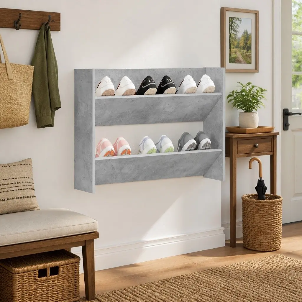 Grey Engineered Wood Wall Shoe Cabinet with Tipping Shelves