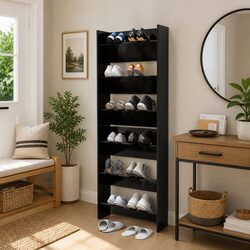 Wall Mounted Shoe Cabinet Black 60x18x90cm Tipping Shelves Storage Organiser