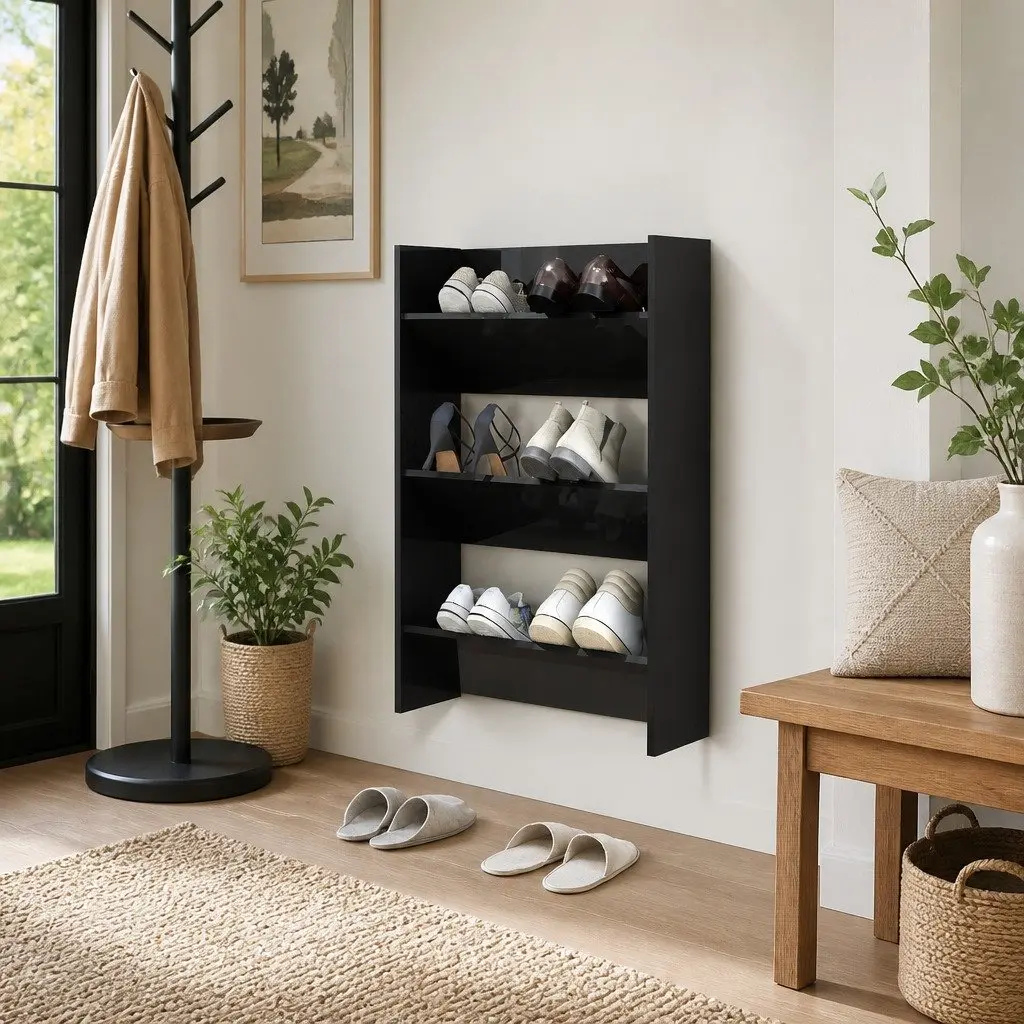Wall Mounted Shoe Cabinet Black High Gloss 3 Shelves Storage Organiser