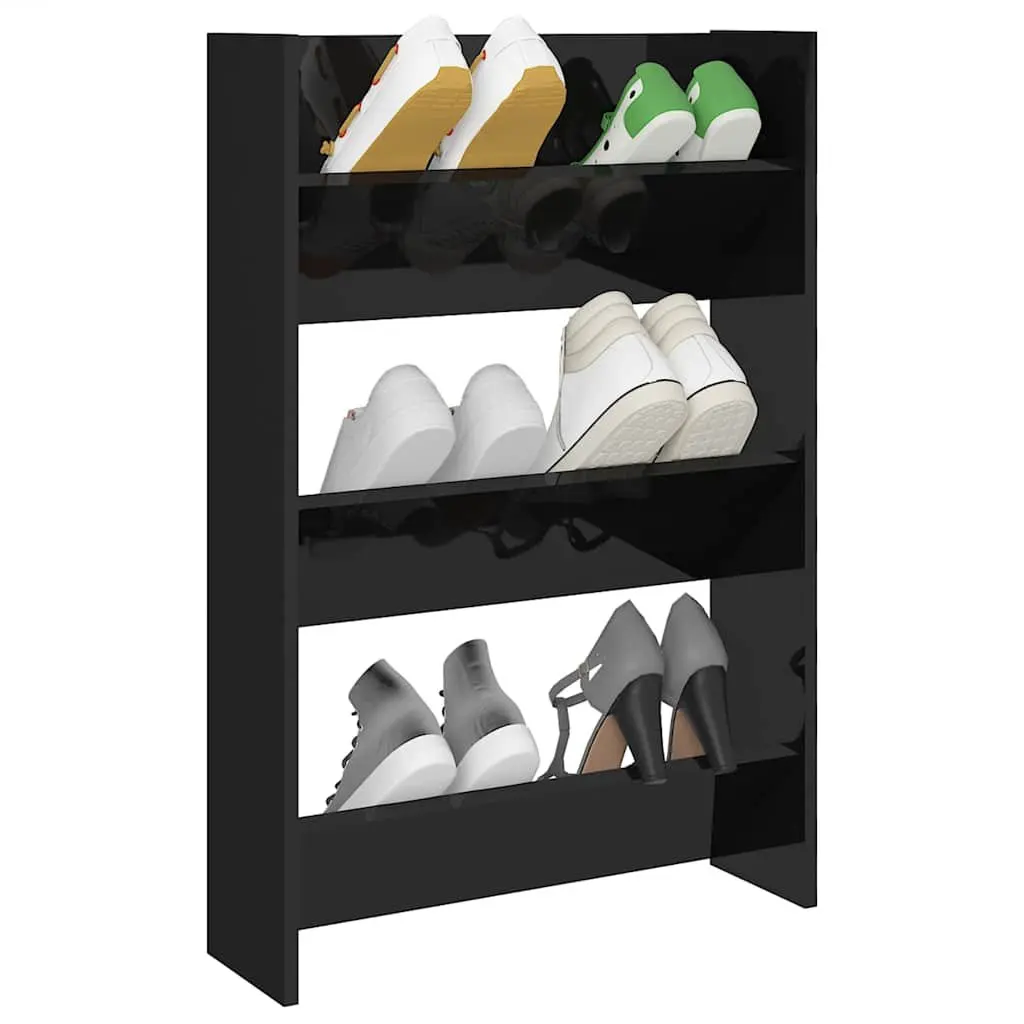 Wall Mounted Shoe Cabinet Black High Gloss 3 Shelves Storage Organiser