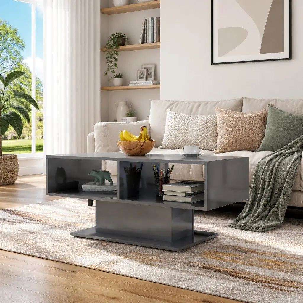Coffee Table Living Room Grey High Gloss Storage Shelf