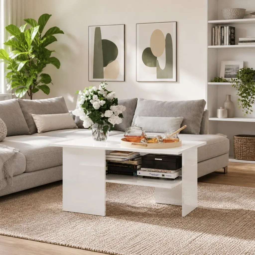 Coffee Table High Gloss White Storage Shelf Modern Living Room Accent Furniture