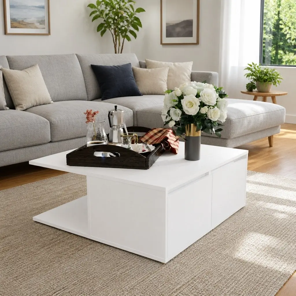 White Coffee Table with Storage Drawers Compartments 80x80x31cm Living Room