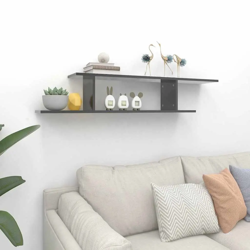 Wall-Mounted TV Shelf Grey High Gloss Floating Display Stand Living Room Storage