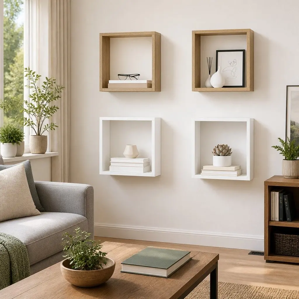 Wall Cube Shelves Set for Living Room Bedroom Kitchen White Sonoma Oak 30 x 15 x 30 cm