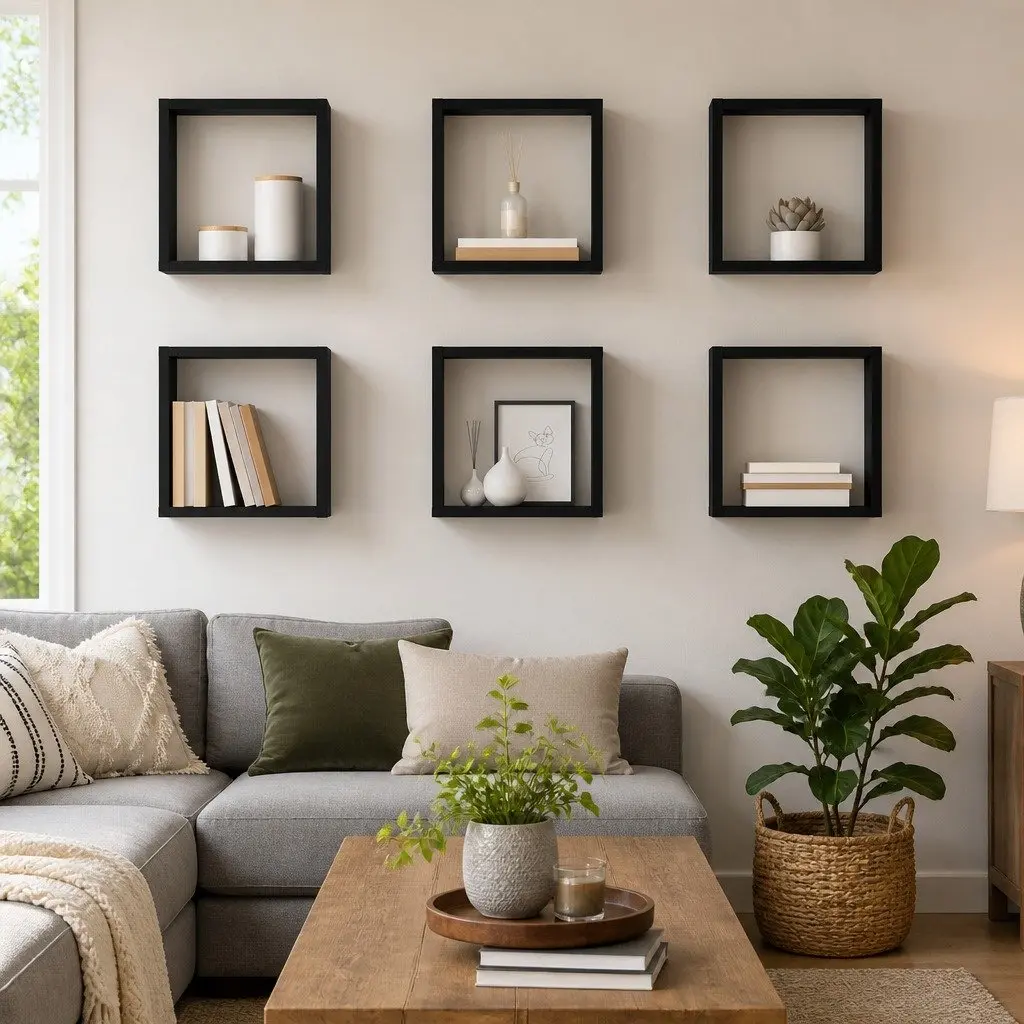 Wall Cube Shelves 6 Piece Set Floating Storage Display Black Hanging Organiser