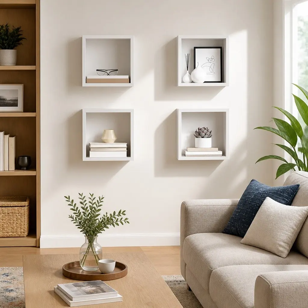 Floating Shelves Set 4 Pieces White Wall Mounted Organiser for Living Room Bedroom and Kitchen