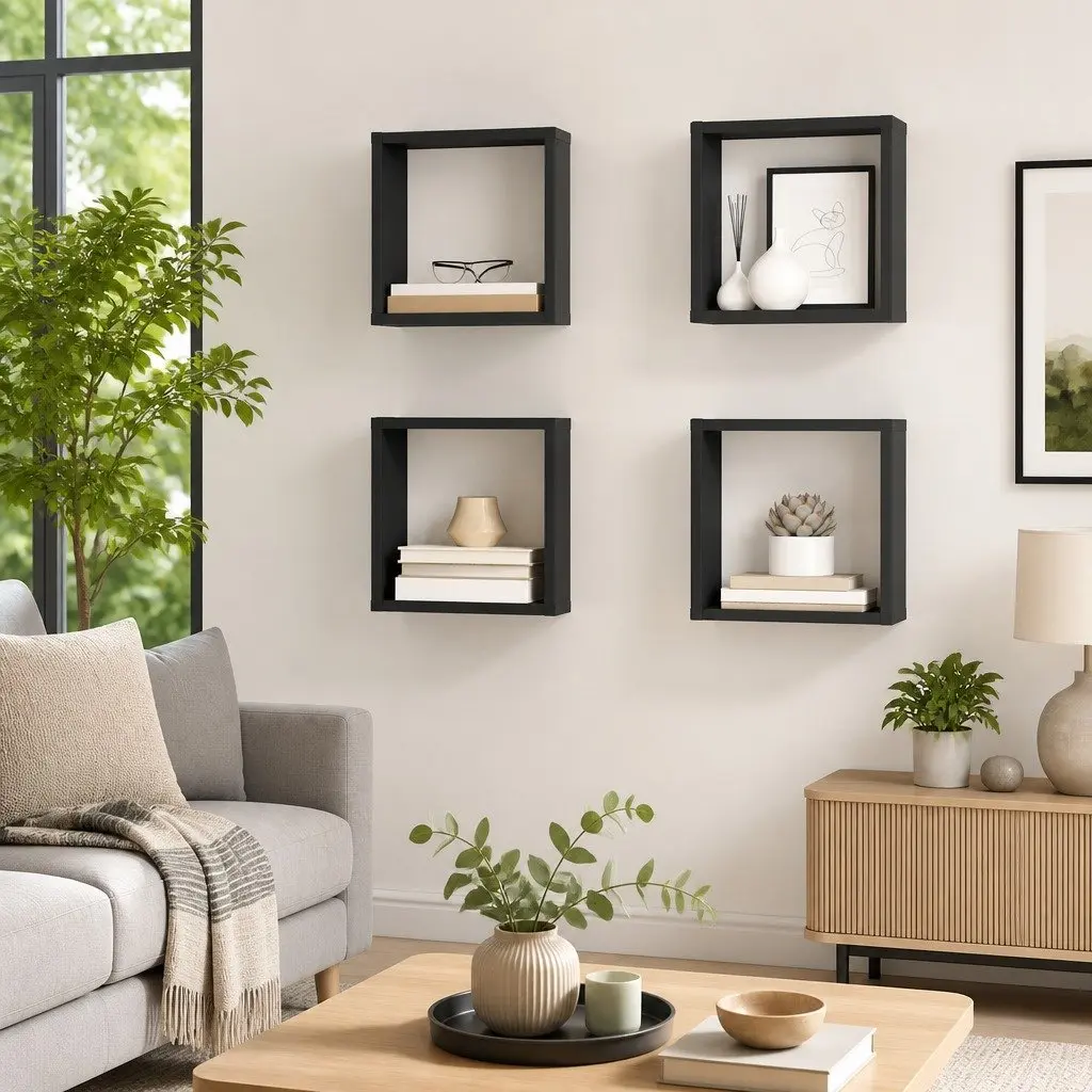 Wall Cube Shelves Set for Living Room Grey Floating Storage Display 26 x 15 x 26 cm
