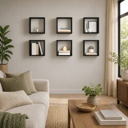 6 Piece Grey Floating Cube Shelves with Dimensions